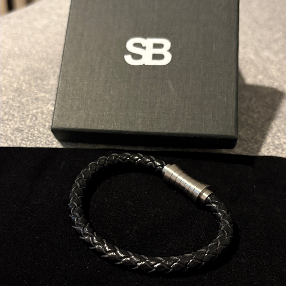NIB Braided Black Leather Bracelet with Stainless Steel Magnetic Clasp